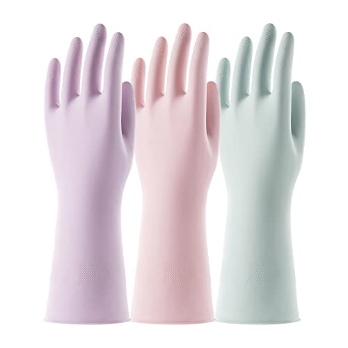 COOLJOB 3 Pairs Colorful Household Gloves with Cotton Liner & Non-slip Grip, Water Resistant Reusable Dish Washing Rubber Gloves for Kitchen & Bathroom Cleaning, Medium - color: Assorted Colors, size: Medium (Pack of 3)