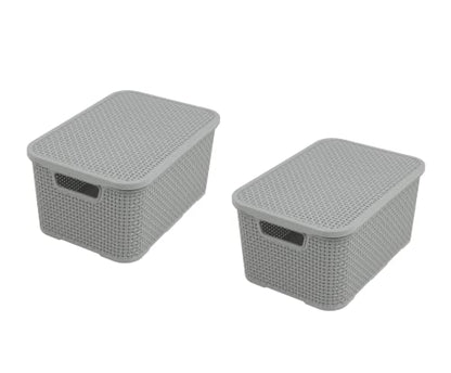 BranQ Home essential Lid Basket in Rattan Design Set of 2 Size L 19 L BPA-Free Plastic PP Light Grey - color: Lightgrey, size: 19 l