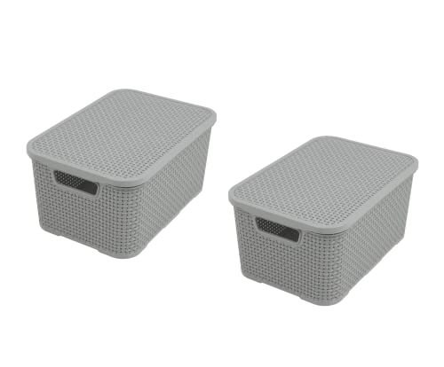 Branq - Home essential Lid Basket in Rattan Design Size M 10 L BPA- Plastic PP Light Grey 28.8 x 19.7 x 16.2 cm 2 Pieces M - color: Lightgrey, size: 10 l
