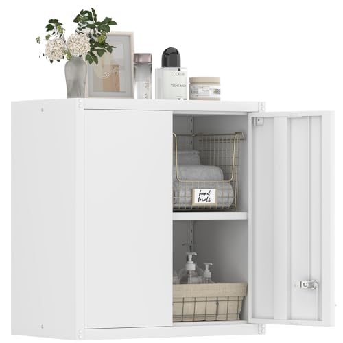 GREATMEET Metal Garage Wall Cabinet with Doors and Shelves, Wall Mounted Metal Storage Cabinet, Floating Hanging Garage Cabinet for Shop, Basement, Warehouse (White, 28" H) - color: White, size: 28"H-Wall Mount