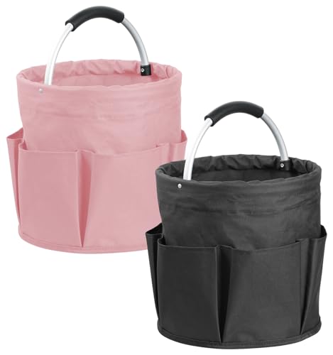 2Pack 17L Foldable Cleaning Supply Caddy for Family, Portable Shower Caddy with Handle and Pockets, Garden Tool Bag in 600D Oxford Fabric, Large Storage Basket for Dorm, Travel, Black + Pink - color: Black + Pink, size: 2PCS
