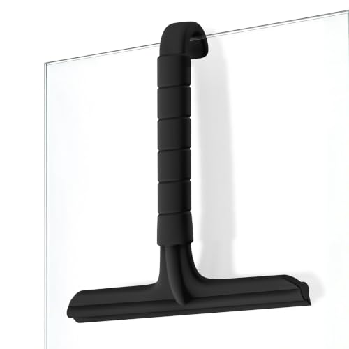 Roylvan Silicone Shower Squeegee, All-in-One Shower Squeegee for Glass Doors with Built-in Hook, Household Window Mirror Cleaner for Bathroom Glass Kitchen Tile Wall Car, Black