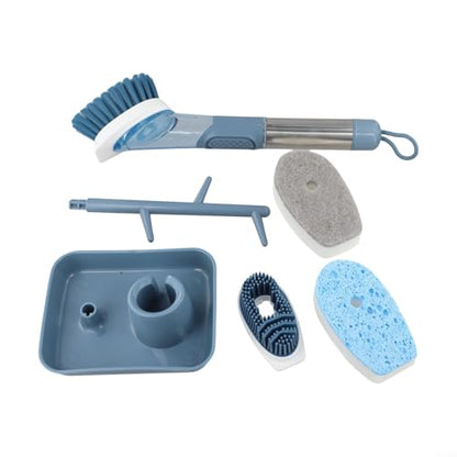 FABULETTA Kitchen Cleaning Brush with Soap Dispenser, Long Handle Dish Scrubber for Pots Pans, Automatic Detergent Dispensing Scouring Pad, Stainless Steel Sponge Brush for Sink(Blue)