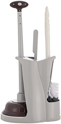 Cq acrylic Toilet Brush and Plunger Set,Grey 3 in 1 Bathroom Scrubber Plunger and Angled Toilet Bowl Brush & Scrubber Combo with Holder and Rim Cleaner for Camper,Rv,Apartment,New Home,Set of 1 - color: Gray