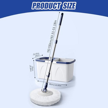 Spin Mop and Bucket Set 43-51 Microfiber 15 Telescopic Round Mop with Wringer, 2 Pads and Detachable Bucket Drain for HomeSpin