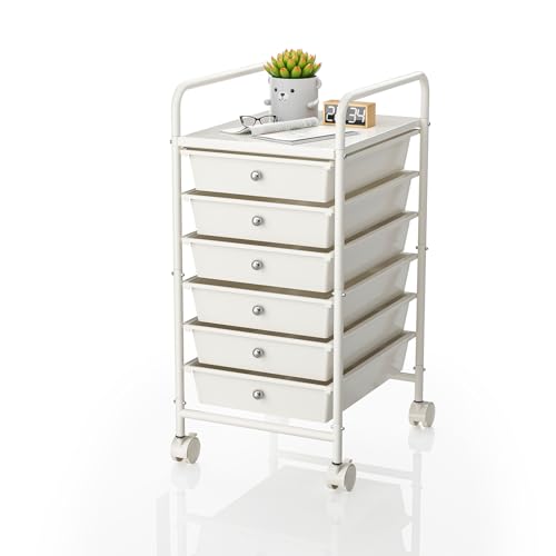 6-Tier Utility Cart with 6 Drawers, Rolling Utility Cart with 2 Lockable Caster Wheels, Multipurpose Mobile Rolling Drawer Cart for Office Bathroom Kitchen, Ivory White - size: White, 6-Tier