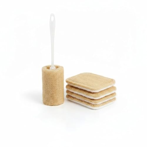 Loofah Dish Sponge Set, 5 Piece Kitchen Cleaning Kit with 4 Dual-Sided Scrub Sponges and 1 Long Handle Bottle Brush for Kitchen and Household Cleaning
