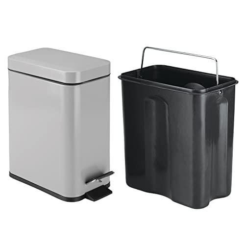 mDesign Small Modern 1.3 Gallon Rectangle Metal Lidded Step Trash Can, Compact Garbage Bin with Removable Liner Bucket and Handle for Bathroom, Kitchen, Craft Room, Office, Garage - Gray - color: Gray, size: 1.3 Gallon