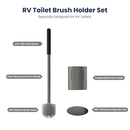 RV Toilet Brush and Holder Set- One-Piece Long Handle, Silicone Head, Magnetic Base- RV Bathroom Cleaning Kit, RV Essentials Accessories for Camper, Trailer, Motorhome