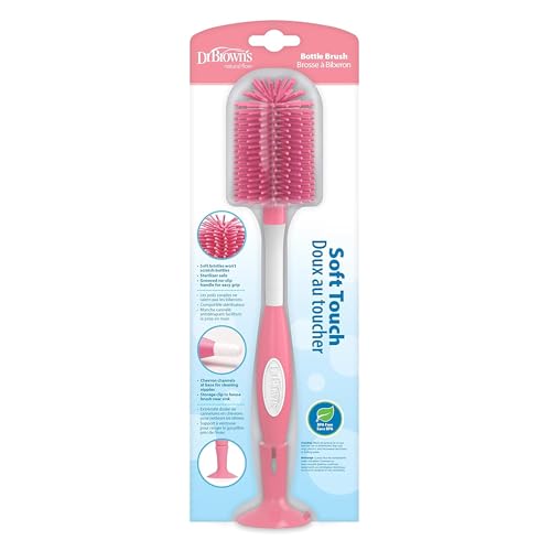 Dr. Brown's Soft Touch No Scratch Baby Bottle Cleaning Brush, Nipple Cleaner & Suction Cup Base for Easy Storage, BPA Free, Pink (Pack of 4)