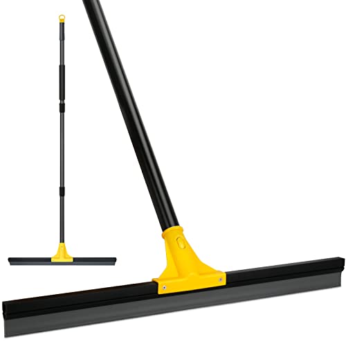 Floor Squeegee for Concrete and Tile Cleaning, 24'' Rubber Wiper Broom, Large Heavy Duty Water Scraper with 60'' Long Handle for Garage, Deck, Bathroom, Shower Glass, Window - color: Yellow, size: 24in