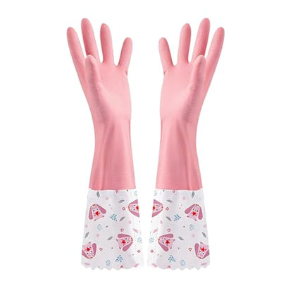1 Pair Rubber Gloves, Reusable | Waterproof, Wavy Edged Extended Cleaning Gloves, Suitable For Daily Household Cleaning Use (Pink)