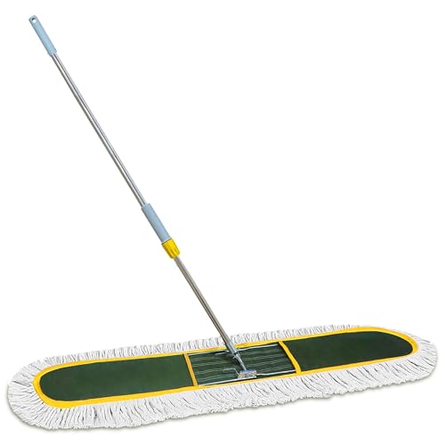 48-Inch Commercial Dust Mop for Hardwood Floors, Large Dry Mop with Reusable Cotton Yarn Head, Telescopic Stainless Steel Handle - Ideal for Industrial Floor Cleaning, Marble, Laminate - color: Olive Green