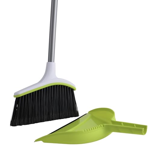 Casabella Basics 2-Piece Angled Broom and Dustpan Set, 44" Angled Broom with Long Handle and Dustpan, Silver/Green - color: Silver/Green