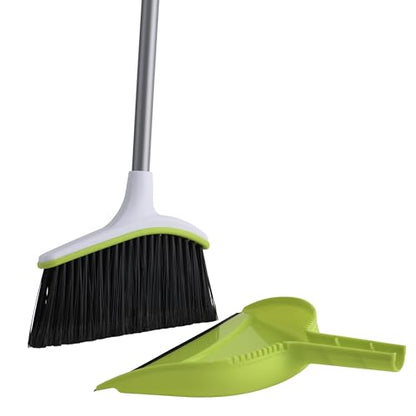 Casabella Basics 2-Piece Angled Broom and Dustpan Set, 44" Angled Broom with Long Handle and Dustpan, Silver/Green - color: Silver/Green