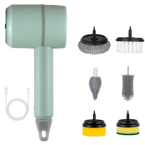 Electric Spin Scrubber, Cordless Electric DishGun Cleaning Brush, with 6 Replaceable Brush Heads Power Scrubber, for Bathroom Floor Window Kitchen Sink Dish Pot (Color : Green) - color: Green