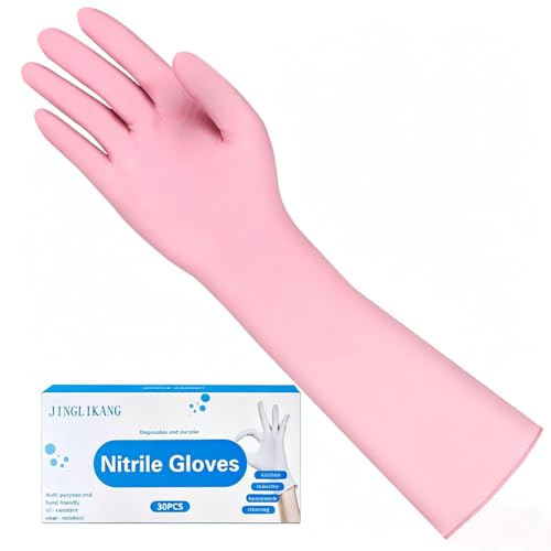Long Sleeves Durable Disposable Nitrile White Gloves 15inches,Household Cleaning Dishwashing Waterproof 30PCS - color: Pink, size: Medium