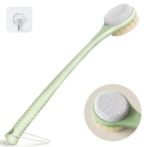Back Scrubber for Shower, Long Handle Exfoliating Brush, Dual-Sided Bath Brush with Soft Bristles & Volcanic Pumice Stone, Anti-Slip Grip for Men & Women (Green) - color: Greenb