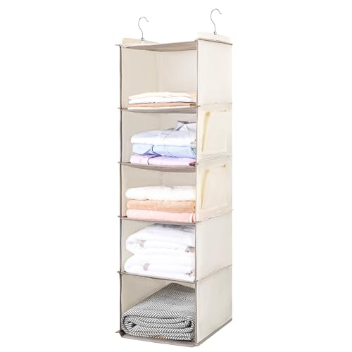 BOOMIBOO Hanging Closet Organize and Shelves，5-Hanging Shelf with 2 Side Pockets，Storage Foldable （Beige） - color: Beige, size: 1