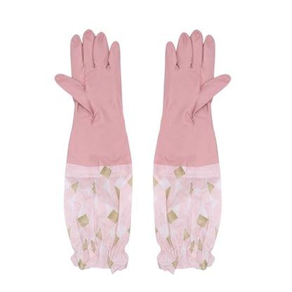 RARITYUS Household Kitchen Cleaning Gloves Waterproof Cotton Lined Dishwashing Non-Slip Long Cuff Gloves - color: Pink (Length 19.29'')