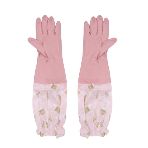 RARITYUS Household Kitchen Cleaning Gloves Waterproof Cotton Lined Dishwashing Non-Slip Long Cuff Gloves - color: Pink (Length 19.29'')