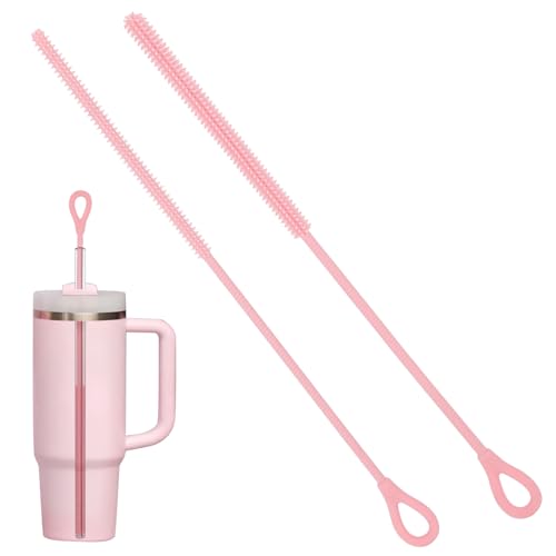 2Pcs Silicone Straw Cleaner Brush, 9.84in Reusable Straw Cleaner with Bendable Steel Core, Extra Long Soft Bottle Brush for Clearing Glass Straws, Smoothie Straws, 9mm&6mm (Pink) - color: Pink