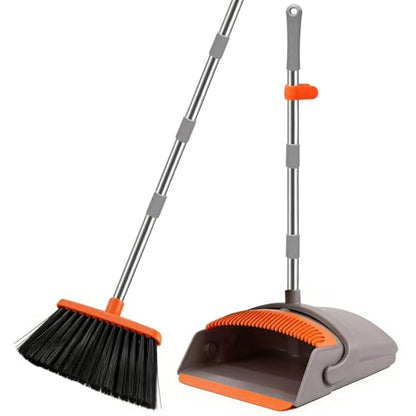 Broom with Standing Dustpan Combo Set, 52" Long Handle Self-Cleaning Teeth, 5-Row Stiff Bristles Angled Head, TPR Rubber Lip for Kitchen Pet Hair Sweeping Indoor Outdoor - color: Broom Dustpan Set