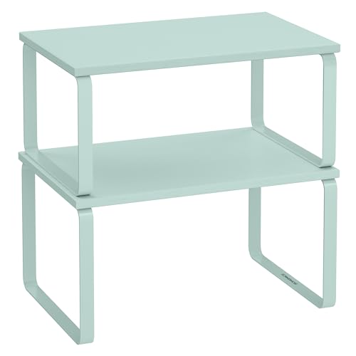 SONGMICS Cabinet Organizer Shelf, Set of 2 Kitchen Counter Shelves, Kitchen Storage, Spice Rack, Stackable, Expandable, Metal and Engineered Wood, 11.7 Inches, Moonlight Green UKCS002C01 - color: Moonlight Green, size: 11.7"w