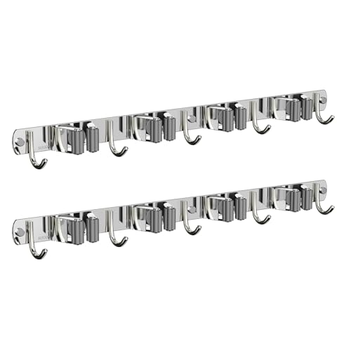 CUXIXA 2 Pack Mop and Broom Holder Wall Mount, Non-slip Broom Hanger Wall Mount, Heavy Duty Mop Broom Organizer for Kitchen Garden Garage Laundry Room Wall Decor Organization and Storage Silver 4R5H - color: Silver, size: 2 Pack 4 Racks with 5 Hooks