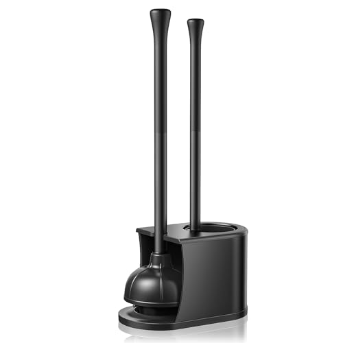 HAMITOR Toilet Plunger and Brush Set: 2 in 1 Stainless Steel Combo with Curved Bristles - Heavy Duty Toilet Unclogging for Family Bathroom - Compact Hideaway Apartment Cleaning Accessories - Black - color: Black