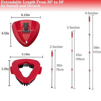 Spin Mop Replacement Handle and Mop Base Replacements for OCeda EasyWring 1-Tank Spin Mop System,4-Section Iron Mop Handle 30-58in and 1 Mop Base and 1 Scrub Brush Cover Set Combo, Red - color: Red, size: Handle + 1 Scrub Brush + 1 Base