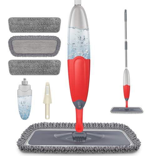 HOMTOYOU Dust Mop for Hardwood Floors: Microfiber Spray Mop for Cleaning | 3 Pcs Washable Reusable Pads, 1Pcs 400+ML Refillable Bottle, 360-Degree Swivel Mop, Red & Gray - color: Red