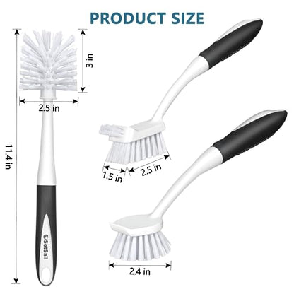 SetSail Dish Brush Set of 3 with Bottle Brush, Dish Scrub Brush with Long Handle Deep Cleaning Handle Brush with Scraper Tip for Kitchen Sink Dishes Bottle Cup Pot and Pans Tile Lines, Black - color: Black