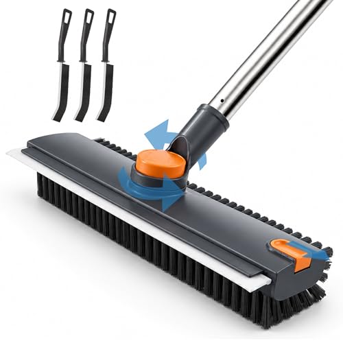 Floor Scrub Brush with Long Handle, 3 in 1 Floor Scrubber, Heavy Duty Stiff Bristle Squeegee Broom for Cleaning Shower Bathroom, Tile, Patio, Pool, Garage, Kitchen and Deck, Grey