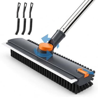 Floor Scrub Brush with Long Handle, 3 in 1 Floor Scrubber, Heavy Duty Stiff Bristle Squeegee Broom for Cleaning Shower Bathroom, Tile, Patio, Pool, Garage, Kitchen and Deck, Grey