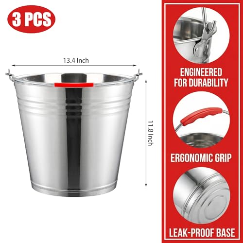 Nicunom 3 Pack 4 Gallon Metal Bucket Pail Container with Handle, Heavy Duty All Purpose Pails Food Grade Steel Buckets for for Outdoor and Household