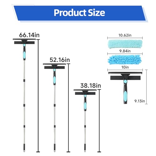 65'' Window Washing Kit with Extension Pole, 2-in-1 Window Cleaning Kit with Scrubber and Rotating Head, Window Cleaner Tool for Shower Rooms, Glass, Floors, Tiles, Walls, Car Windshields - size: 65''