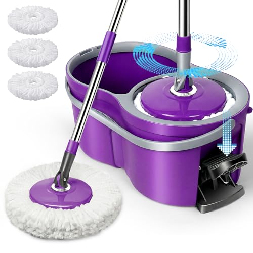 Spin Mop and Bucket with Wringer Set,Masthome 360°Spinning Bucket System with 3 Reusable Pads,EasyWring Microfiber Mop and Buckets for Floor Cleaning, Wet Dry Floor Mop for Home & Office - color: Purple