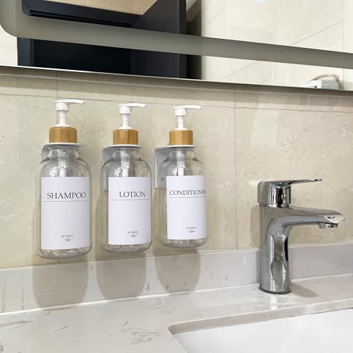 Shampoo Dispenser for Shower Wall, Shampoo and Conditioner Dispenser with 16 Waterproof Labels, No Drill Shower Soap Dispenser Bathroom, Shower Soap Dispenser Wall Mounted,17oz, 3 Pack, Clear - color: 1-clear Bottle + Bamboo Pump