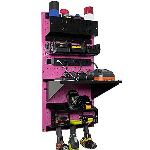 Wall Control Power Tool Storage Organizer Kit Cordless Drill Holder Charging Station Rack 16” x 32” Metal Pegboard Organization System (Pink Pegboard) - color: Pink Pegboard