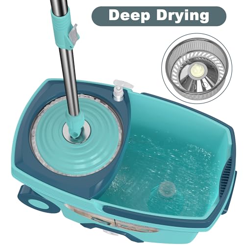 Spin Mop and Bucket System, Mop and Bucket with Wringer Set,Mops for Floor Cleaning,Household Supplies Tools with 6 Replacement Refills,61" Extended Handle for Household Hardwood Floor - Green - size: Light Green Mop Bucket + 6 Mop Heads