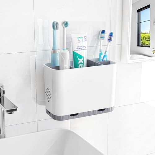 Toothbrush and Toothpaste Holders for Bathrooms Countertop - Detachable 5 Slots Kids Electric Toothbrush Holders Set Wall Mounted with Removable Dividers for Bathroom Decor and Accessories Organizer - color: Whitegrey