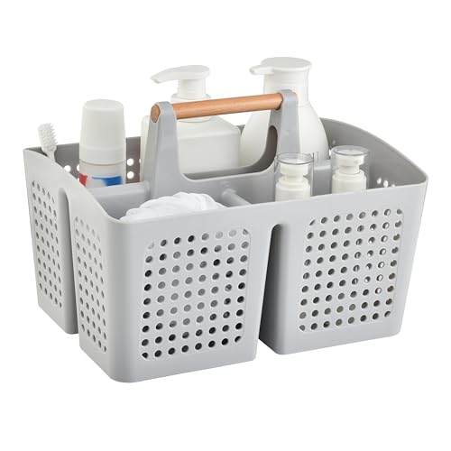 Portable Shower Caddy Basket with Wood Handle, 3-Compartment Bathroom Organizer Tote with Drain Holes, Plastic Shower Basket for Dorm, Toiletries, Cleaning Supplies,Light Gray - color: Light Gray