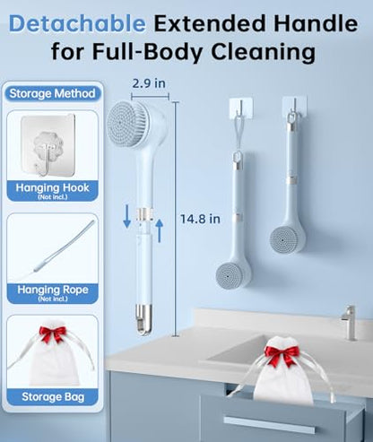 Electric Body Brush Back Scrubber for Shower, Waterproof Rechargeable Auto Bath Brush with Long Handle, 5 Replaceable Heads & 3 Speeds, Deep Cleansing Exfoliating Massage Spin Scrubber for Men & Women - color: Blue.