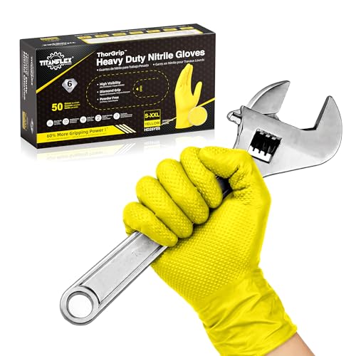 TitanFlex Heavy Duty Industrial Nitrile Gloves with Raised Diamond Texture, 6-mil, Latex Free (Dark Green/Yellow) - color: 01 Yellow (50ct), size: Medium