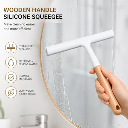 Silicone Shower Squeegee, Wooden Handle Glass Squeegee, Multi-Purpose Window Squeegee for Cleaning Glass Door, Tile Wall, Kitchen Countertop with Stainless Steel Hook & Plastic Squeegee Board