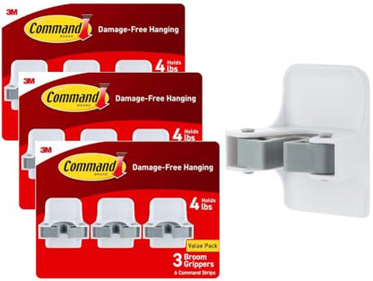 Command Broom Grippers, 3 Hangers and 6 Strips, Damage-Free Mop and Broom Holder Wall Mount, Household Cleaning Tool Organizer for Kitchen, Laundry Room, Closet, Holds up to 4 lb (Pack of 3) - size: Large (Pack of 3), style: 3 Pack