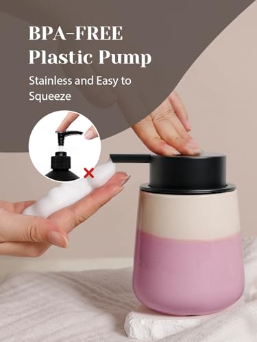 INGOFIN Ceramic Foaming Soap Dispenser - 12oz Foam Hand Soap Dispenser Bathroom, Refillable Modern Dish Dispenser with Pump for Kitchen, Beige and Pink - color: Beige and Pink-foam