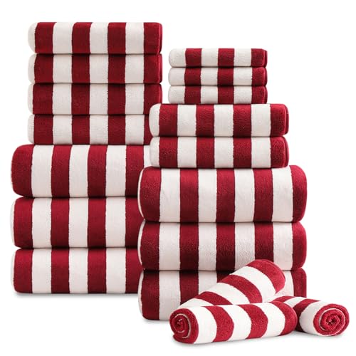 18 Pcs Red Stripe Bath Towel Set with Hanging Loop-6 Bath Towels,6 Hand Towels,6 Washcloths Soft Family Towels Set Bathroom Towel Highly Absorbent Quick Dry Shower Towel for Beach Chair Spa Gym Hotel - color: Red White, size: 18 Pcs Towel Set