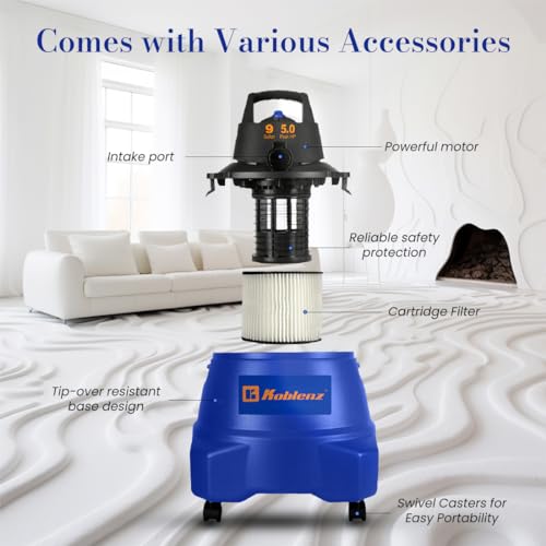 Koblenz WD-9 L212 Wet Dry Vacuum Cleaner, 9 Gallon, 5.0 PHP, 3-in-1 Suction & Blower, Big Vacuum Cleaners for Home, Heavy Duty Shop Vac, Click-N-Lock Hose, Swivel Casters, Black/Blues - size: 9 Gallon Tank